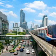 Bangkok transportation guide showing BTS Skytrain, MRT, Airport Rail Link, river boat and taxi options