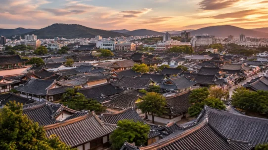 Map-style overview of the best areas to stay in Jeonju including Hanok Village, Gaeksa, Jeonju Station and Deokjin Park