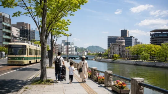 Family choosing a spacious hotel near Hiroshima Station with luggage and a stroller