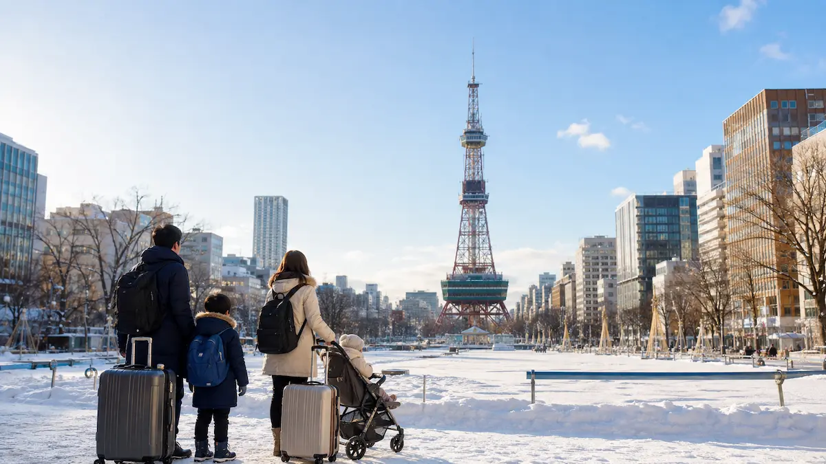 Family choosing a child-friendly hotel near Sapporo Station in winter