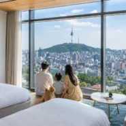 Family checking into one of the best family hotels in Seoul with luggage and a stroller