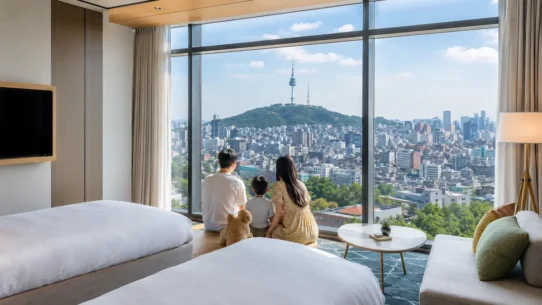 Family checking into one of the best family hotels in Seoul with luggage and a stroller