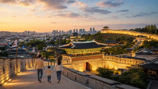 Family choosing among the best family hotels in Suwon near Suwon Station, Gwanggyo and Hwaseong Fortress