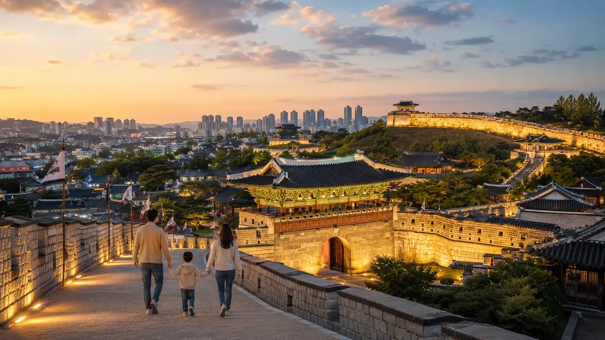 Family choosing among the best family hotels in Suwon near Suwon Station, Gwanggyo and Hwaseong Fortress