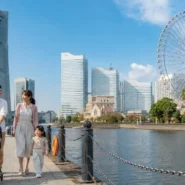Family choosing a stroller-friendly hotel near Yokohama waterfront attractions