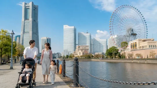 Family choosing a stroller-friendly hotel near Yokohama waterfront attractions