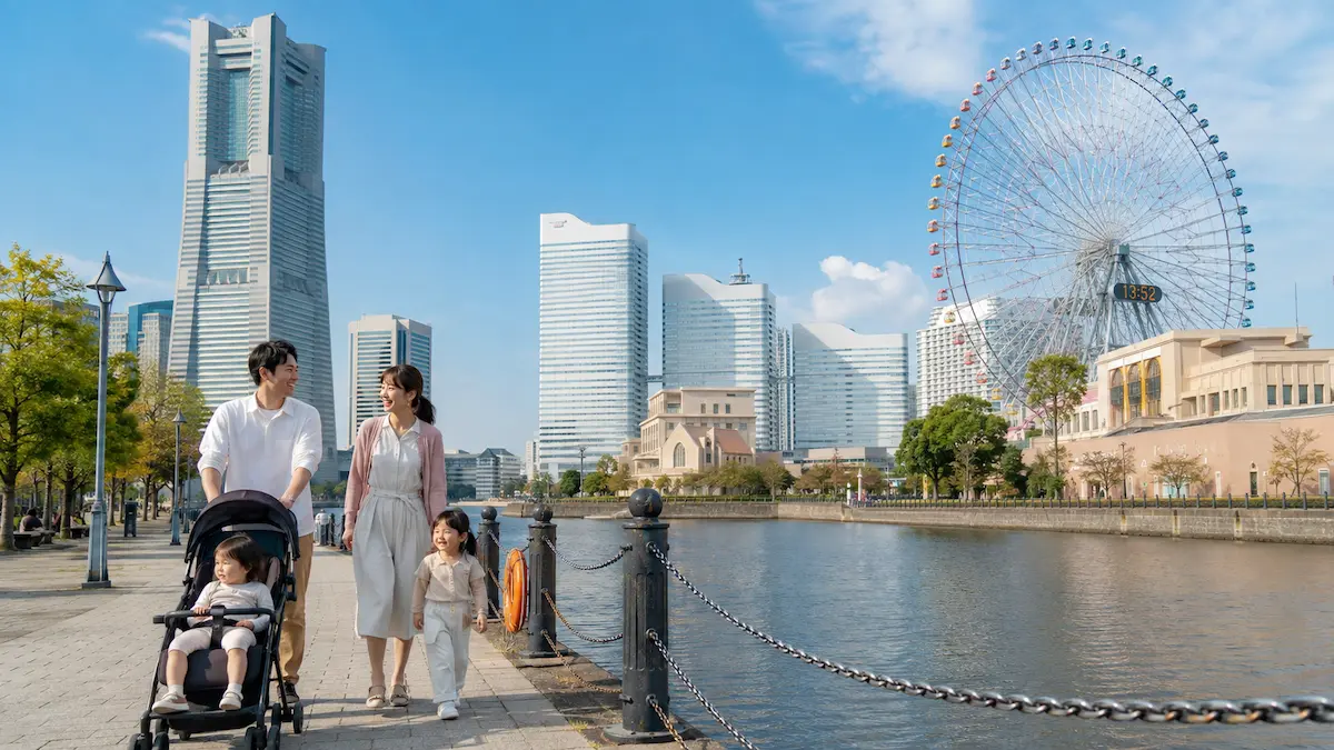 Family choosing a stroller-friendly hotel near Yokohama waterfront attractions