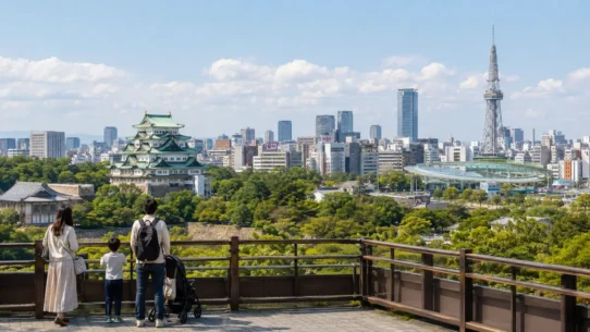 Family arriving at a convenient Nagoya hotel with children, luggage and a stroller