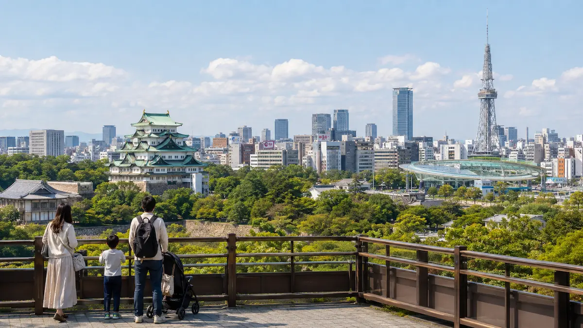 Family arriving at a convenient Nagoya hotel with children, luggage and a stroller