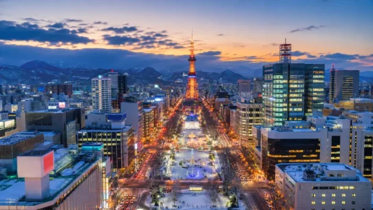 Sapporo skyline in winter with hotels for different travel budgets