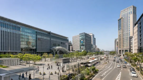 Hakata Station area showing convenient hotels on the Hakata and Chikushi sides