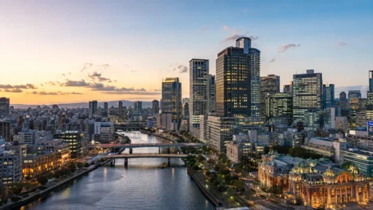 Osaka city center skyline near Namba, Shinsaibashi and Umeda hotels
