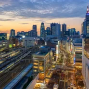 Traveler with luggage comparing the best hotels near Shinjuku Station in Tokyo