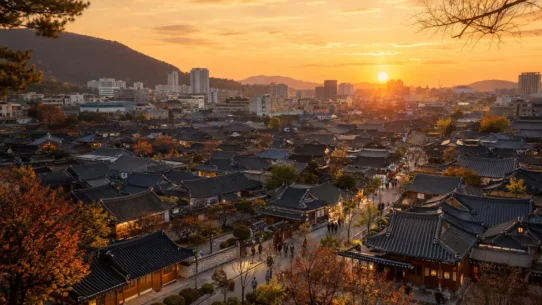 Traditional hanok rooftops in Jeonju during autumn, illustrating the best time to visit Jeonju