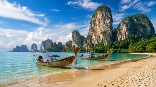 Krabi limestone islands and longtail boat in calm tropical sea