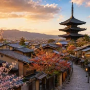 Kyoto seasonal travel guide showing cherry blossoms, summer streets, autumn foliage and winter temples