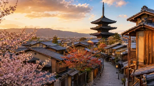 Kyoto seasonal travel guide showing cherry blossoms, summer streets, autumn foliage and winter temples