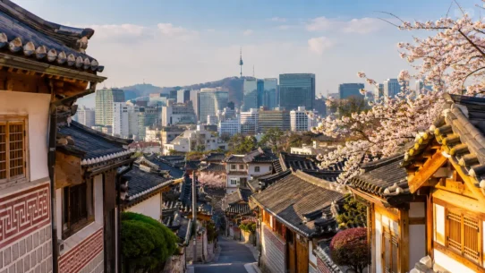 Seoul skyline and traditional palace scenery showing the best time to visit Seoul across four seasons