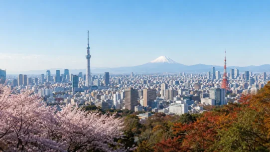 Tokyo skyline and cherry blossoms illustrating the best time to visit Tokyo by season