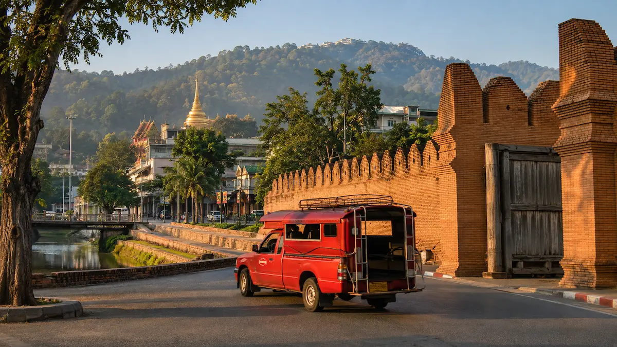Red songthaew driving through Chiang Mai Old City, a common local transport option for travelers