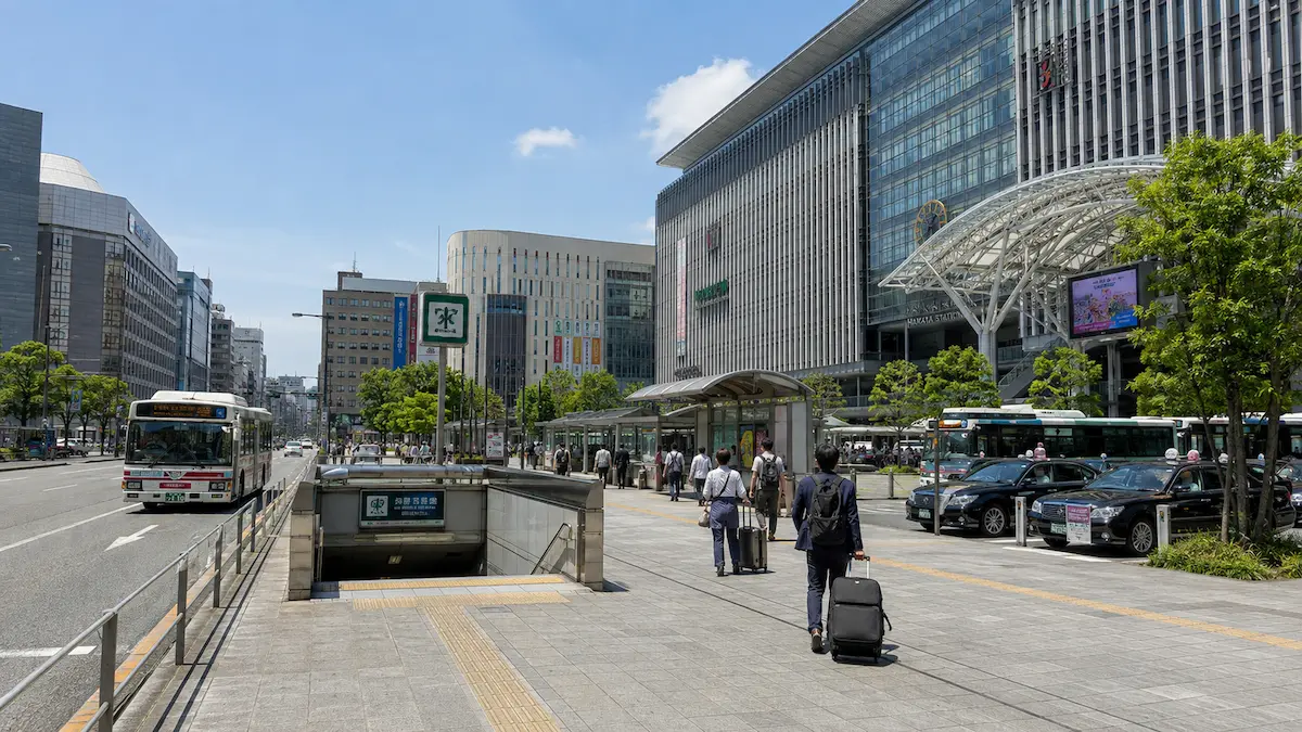 Traveler comparing subway, bus, taxi and walking routes from Hakata Station to central Fukuoka