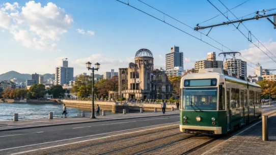 Hiroshima streetcar passing the Atomic Bomb Dome for a Hiroshima transportation guide