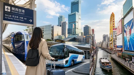 Traveler comparing train, bus and private transfer options from Osaka airport to the city center