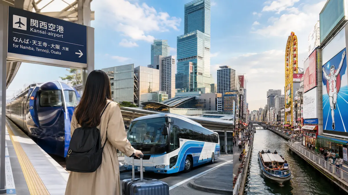 Traveler comparing train, bus and private transfer options from Osaka airport to the city center