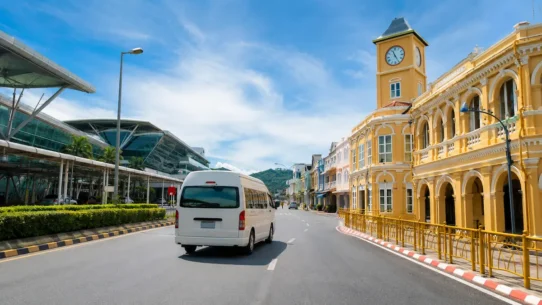 Phuket Airport to city center transport options including bus, taxi, ride-hailing and private transfer