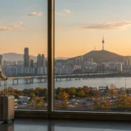 Travelers with luggage choosing between AREX train, airport limousine bus and taxi from Incheon Airport to Seoul