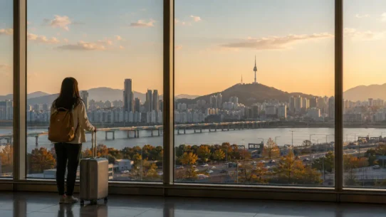 Travelers with luggage choosing between AREX train, airport limousine bus and taxi from Incheon Airport to Seoul
