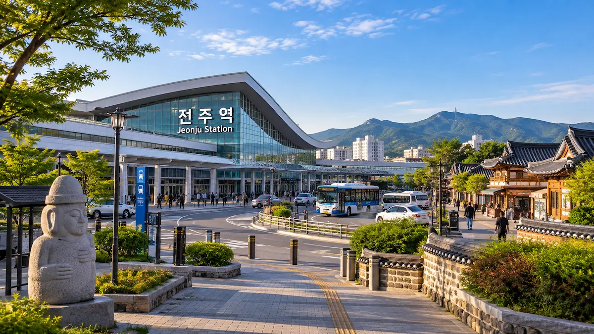 Travelers choosing transport from Jeonju Station to Jeonju city center and Hanok Village