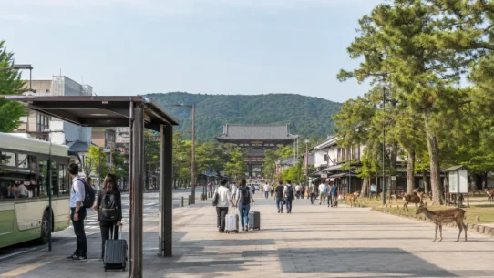 Travelers choosing transport from JR Nara Station to Nara city center and Nara Park