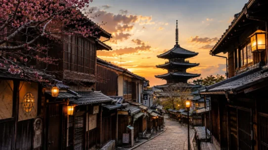First-time visitors walking through a traditional street in Kyoto, Japan
