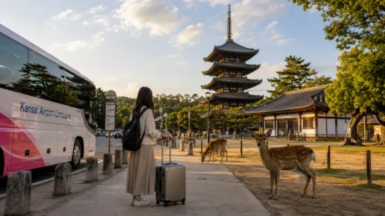 Traveler comparing bus, train and private transfer routes from Kansai Airport to Nara city center