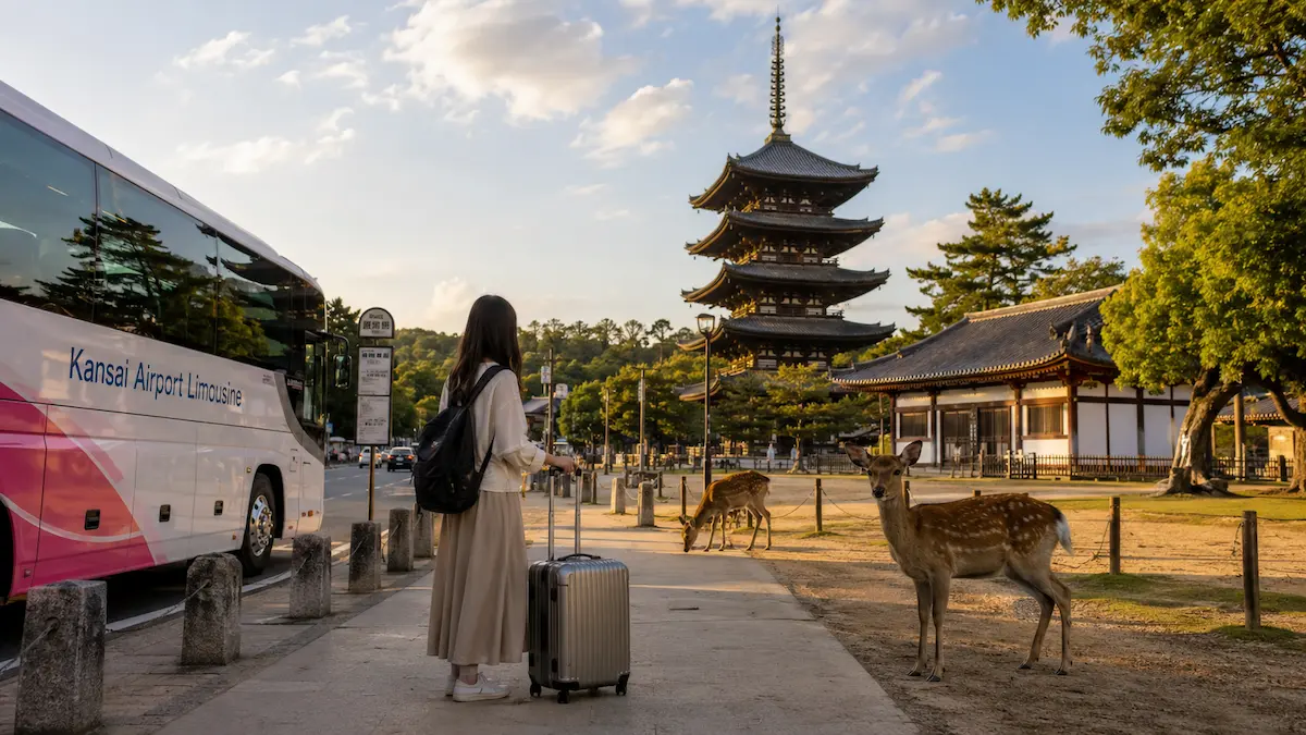Traveler comparing bus, train and private transfer routes from Kansai Airport to Nara city center