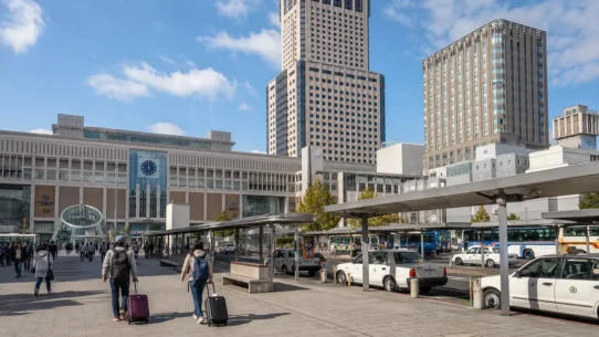 Traveler choosing between walking, subway and taxi from Sapporo Station to Odori and Susukino
