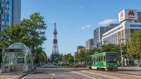 Sapporo transportation guide showing JR train, subway, streetcar and airport bus options