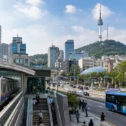 Traveler using Seoul public transportation with subway map, T-money card and luggage