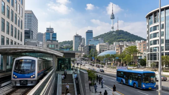 Traveler using Seoul public transportation with subway map, T-money card and luggage