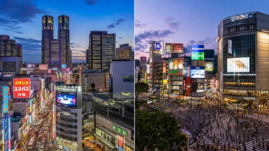 Split view of Shinjuku and Shibuya showing Tokyo hotel districts at night