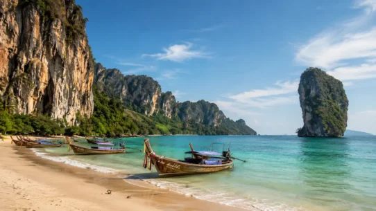 Ao Nang and limestone cliffs in Krabi, Thailand, representing the best areas to stay for first-time visitors