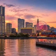 Yokohama waterfront skyline with Minato Mirai, Cosmo Clock 21 and the harbor at dusk