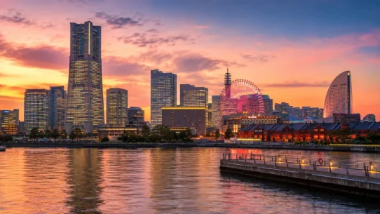 Yokohama waterfront skyline with Minato Mirai, Cosmo Clock 21 and the harbor at dusk